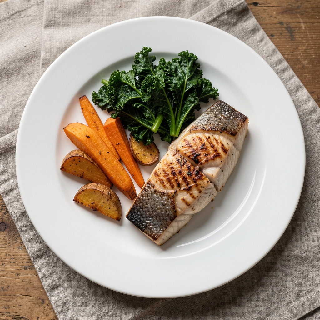 A simple autumn meal of roasted parsnip, steamed kale, and baked fish on a white ceramic plate, photographed from above in quiet natural window light