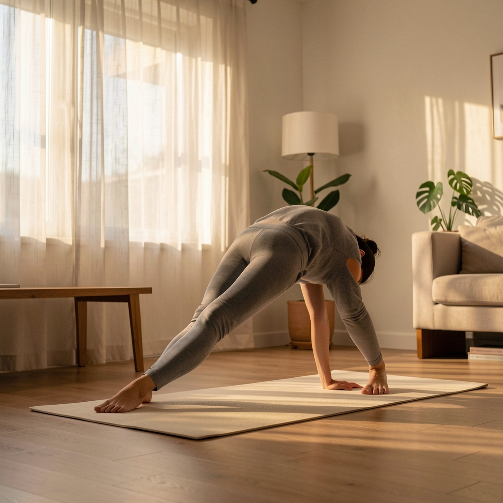 Person in a simple yoga stretch pose on a pale mat in a quiet living room, late afternoon light through net curtains, considered and unhurried