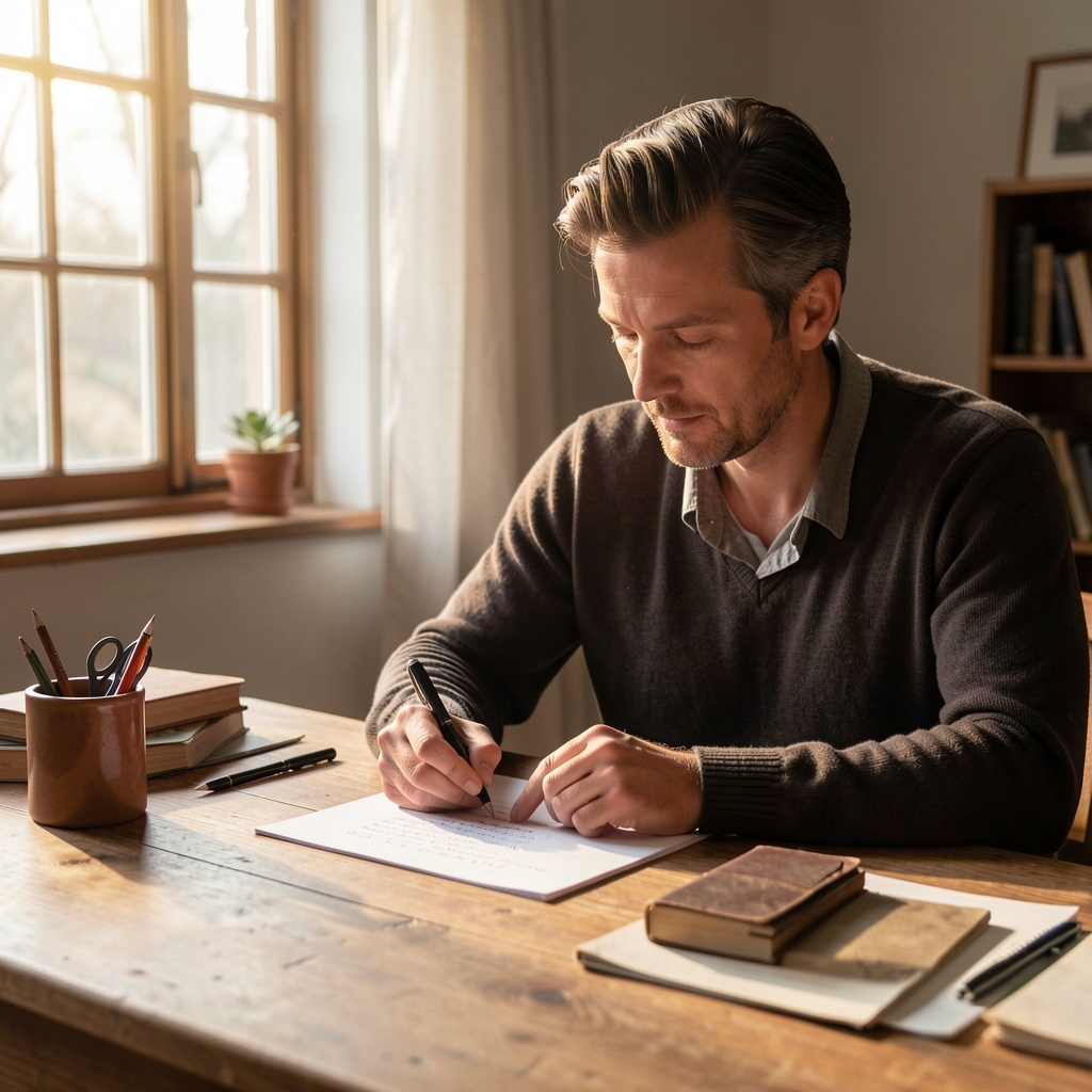 Writer reviewing handwritten notes at a quiet wooden workspace with morning light through a window
